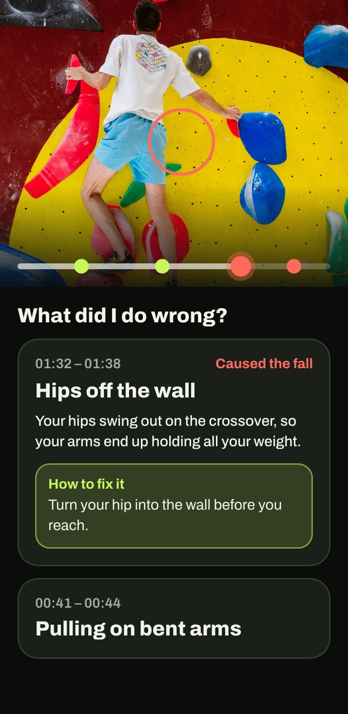 Send AI report: what did I do wrong, hips off the wall at 01:32, with how to fix it